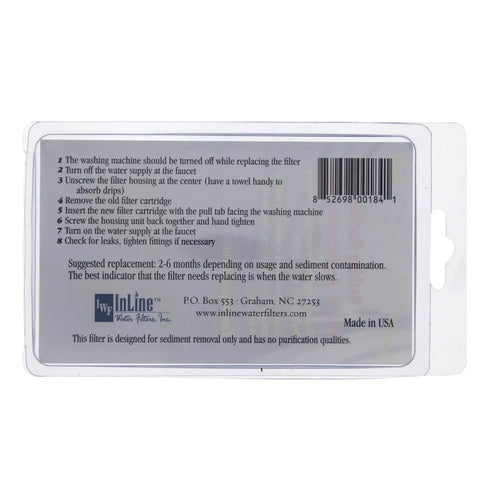 Back view instructions of Two Pack Washing Machine Water Filter Replacement With Five Stage Filtration packaging.