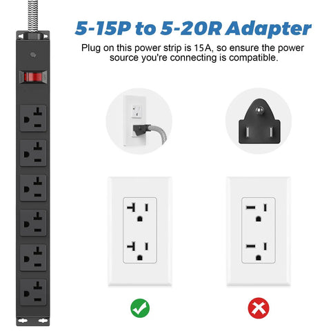 Heavy Duty Power Strip With 20 Amp Surge Protector 1200J, Wall Mountable 12 Gauge Extension Cord illustration with 6 outlets