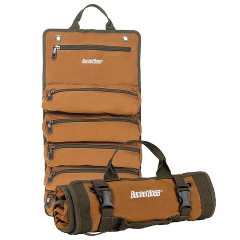 Grab-And-Go Super Roll Tool Roll with six zippered pockets, in brown canvas, rolled and unrolled view with quick release buckles.