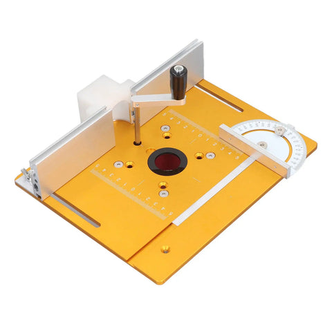 Premium Rock Solid Aluminum Router Lift Kit For Woodworking Tables Featuring Smooth 54 Mm Micro Adjustment and Complete Fence Insert Plate Hardware Setup, top view.