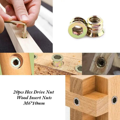 20 Piece M6 Screw In Nut Threaded Wood Inserts For Rock Solid Furniture Assembly Zinc Plated Hex Socket Kit No Sweat Install Heavy Duty Quick Repair Tool Set