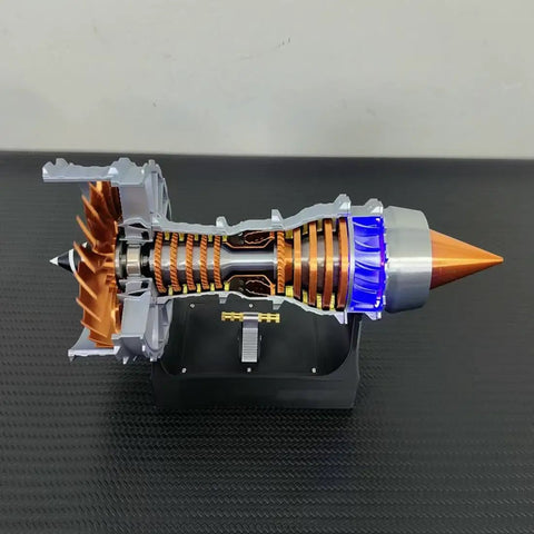 Simulated Turbofan Aircraft Engine Model Kit With LED Light, Rechargeable Version, brass-colored functional turbine display