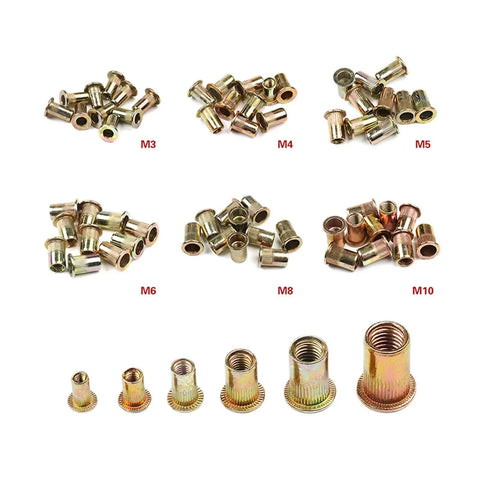 Grab these 10 Pcs Flat Head Threaded Insert Rivet Nuts Made From Tough Zinc Plated Carbon Steel For Your Next DIY Rig, assorted sizes.