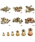 Get These Awesome 10 Pcs Flat Head Threaded Insert Rivet Nuts For Heavy Duty Projects With M6 Size Zinc Plated Carbon Steel Knurled Body For Secure Grip And Non Stop Installation Vibes You Love, showing various sizes M3 - M10.