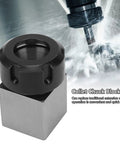 Heavy Duty Square Collet Chuck Block Made From Solid Carbon Steel For CNC Lathe Machines With Quick Clamp Action And Tight Hold On ER25 ER32 And ER40 Tooling shown with machining background.