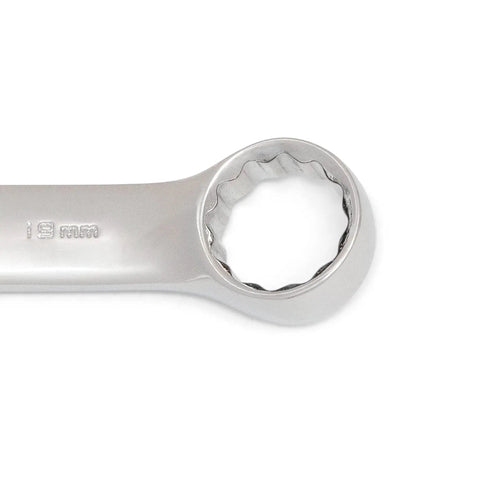 Close-up of 18 mm wrench from Stubby Metric Wrench Set, 10 Piece 12 Point Combination Wrenches For Tight Spaces, chrome finish.