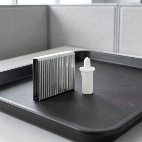 Hassle Free Shutter Repair Pins And Blind Slat Connectors For Plantation Windows And Wood Blinds with tilt clips displayed on a tray.