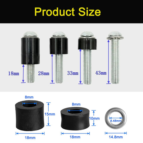 M8 TV Mounting Screws Kit With 25mm Spacers, M8 x 45mm Bolts, 1.25mm Pitch, size diagram, various lengths from 18mm to 43mm.