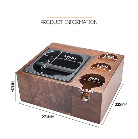 Level Up Your Home Bar Setup With This Sturdy Wood Espresso Tamper Holder And Knock Box For 58mm Portafilters, detailed dimensions shown.