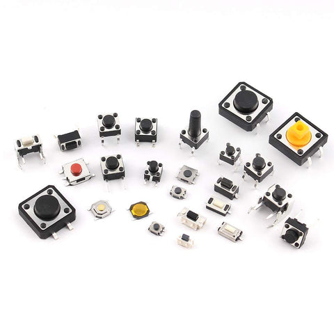 Assorted switches from 125 Piece Tactile Switch Kit With 25 Value Micro Momentary Push Button Switches For SMD And DIP Use