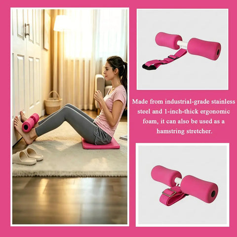 Woman using Pink Nordic Curl Strap With Pad For Home Workouts Compatible With Nordstick Built Tough Holds 420 Pounds