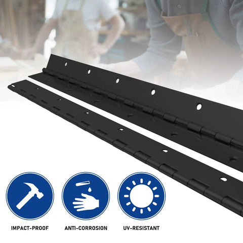 Heavy Duty Piano Hinges 20 Inch Long 2 Inch Open Width Black Stainless Steel With Holes Built To Last For Wood Furniture Cabinets Doors Mailboxes Tool Storage Boxes depicted with impact-proof, anti-corrosion, and UV-resistant features.