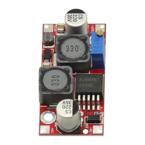 Set Of 3 Buck Boost DC-DC Converter Modules, Adjustable Step Up Down Power Supply, front view of red circuit board module