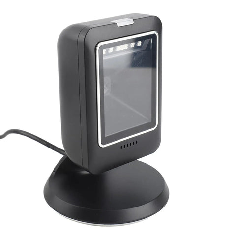 Black Versatile Barcode Scanner 1D 2D QR Reader With CMOS Sensor on stand, ideal for warehouse and library use