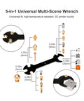 5-in-1 wrench with 3D printer nozzles and components, part of the 43-Piece Pro 3D Printer Tools Kit With Grab-And-Go All-In-One Maintenance And Cleaning Set For FDM And SLA Printers Includes Nozzle Cleaners Scrapers Brushes Wire Cutters Engraving Knife Files And More.