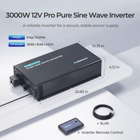 Badass 3000 Watt Pure Sine Wave Power Inverter with dimensions 20.82 x 10.35 x 4.12 in and remote control for campers.
