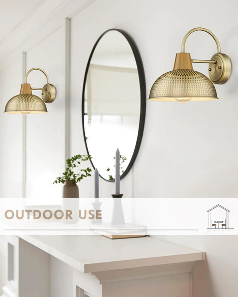 Two Pack Outdoor Wall Sconces Barn Style Light Fixtures With Hammered Metal Shade In Antique Brass Finish displayed in indoor setting