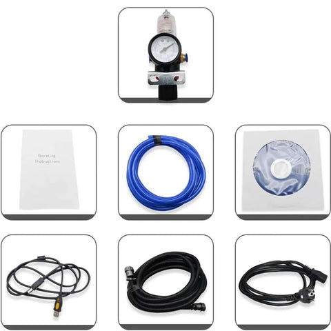 No Sweat Operation Pneumatic Handheld Dot Peen Marking Machine Air Powered Metal Engraver Kit accessories including blue hose and regulator.