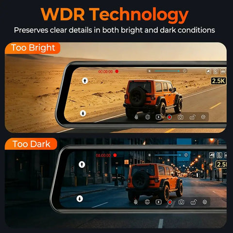 12 Inch Mirror Dash Cam With Crystal Clear 4K UHD Front And 2.5K Rear showing WDR technology in bright and dark conditions.