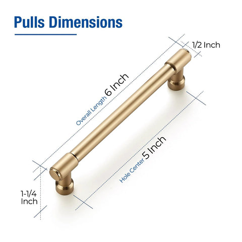 Image showing dimensions of 10 Pack 6 Inch Champagne Bronze Cabinet Handles Stainless Steel Modern Dresser Drawer Pulls for Kitchen Cabinets.