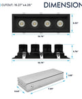 Four Head Regressed Gimbal Led Recessed Spotlight dimensions illustration, showing size and cutout measurements for installation.