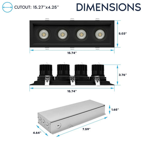 Four Head Regressed Gimbal Led Recessed Spotlight dimensions illustration, showing size and cutout measurements for installation.