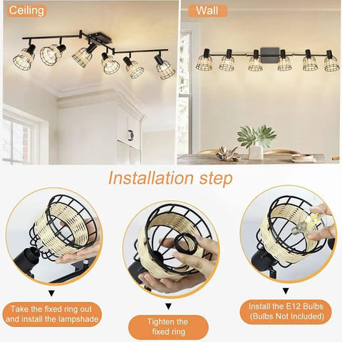 Installation of Six Light Bamboo LED Track Lighting Kit With Rattan Cage Industrial Ceiling Spotlight For Kitchen