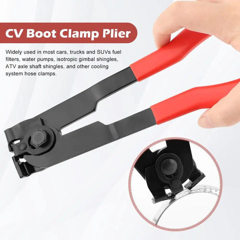 Adjustable CV Boot Clamp Pliers Kit With Stainless Steel Clamps For Auto Repair Ear Clamp Pliers Tool showing red handles