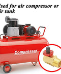 Heavy Duty Air Tank Manifold With Shut Off Valve And Relief Valve, Easy Fill Port, Gauge Compatible, 1/2 MNPT Tank Port, 1/4 FNPT Hose Port, 1/8 FNPT Gauge, Beefed Up For Portable Air Compressor Carry Tank, shown on red air compressor.