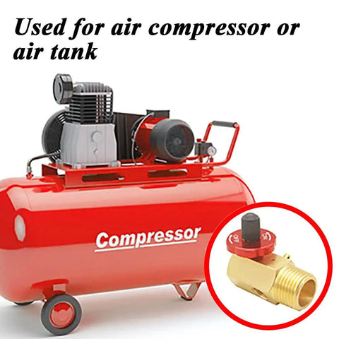 Heavy Duty Air Tank Manifold With Shut Off Valve And Relief Valve, Easy Fill Port, Gauge Compatible, 1/2 MNPT Tank Port, 1/4 FNPT Hose Port, 1/8 FNPT Gauge, Beefed Up For Portable Air Compressor Carry Tank, shown on red air compressor.
