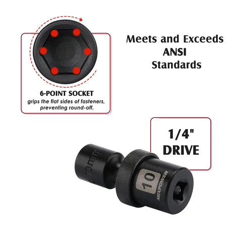 12 Piece One Quarter Inch Drive Metric Universal Impact Socket Set With Swivel Wobble Flex Heads, CR-MO Tough Chrome Moly, Shallow Sockets From 5Mm To 15Mm For Easy Access And Heavy Duty Auto Home And Shop Projects