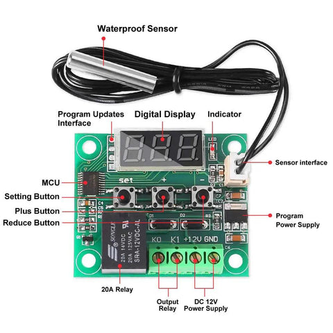 Digital Temperature Controller Module W1209 12V DC with 10A Relay and Waterproof Case, featuring display and buttons for DIY projects.