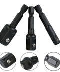 Heavy Duty 3-Piece Socket Adapter Set With Hex Shank Nut Drivers For Impact Drills, black 50mm chrome vanadium steel