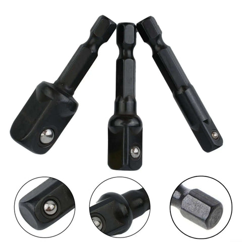 Heavy Duty 3-Piece Socket Adapter Set With Hex Shank Nut Drivers For Impact Drills, black 50mm chrome vanadium steel