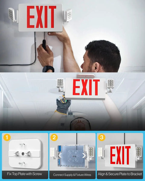 Installation of LED Exit Signs With Emergency Lights Double Sided Adjustable Emergency Combo Light With Backup Battery.