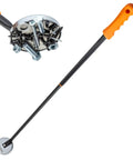 Close-up view of Telescoping Magnetic Pickup Tool With 50 Pound Holding Power, 36.5 Inch Extendable Magnet Wand, Large Magnetic Stick With Handle, showing metal scraps collected on the magnet.