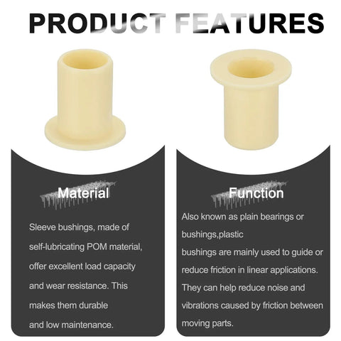 8mm ID 10mm OD Flanged Sleeve Bearing Kit POM Plastic Bushing 15mm Length Yellow 8 Pack shown with material info