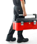 Person carrying Boss Level Plastic Tool Box With Reinforced Aluminum Bar Secure Quick Click Latches in red and black.