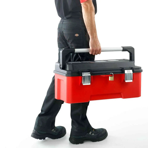 Person carrying Boss Level Plastic Tool Box With Reinforced Aluminum Bar Secure Quick Click Latches in red and black.