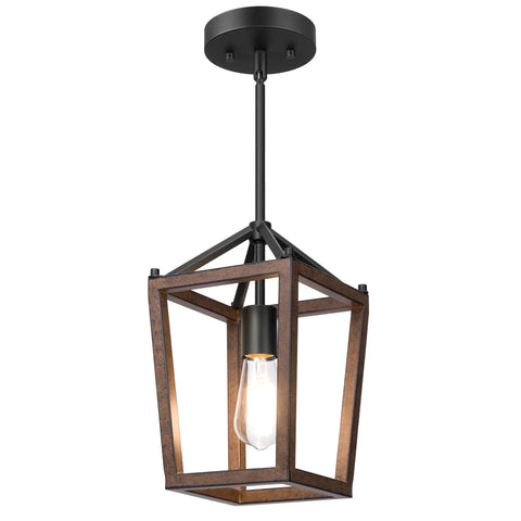 Farmhouse Pendant Light For Kitchen Island One Light Rustic Wood Cage Fixture With Brown Finish Adjustable Height pendant view