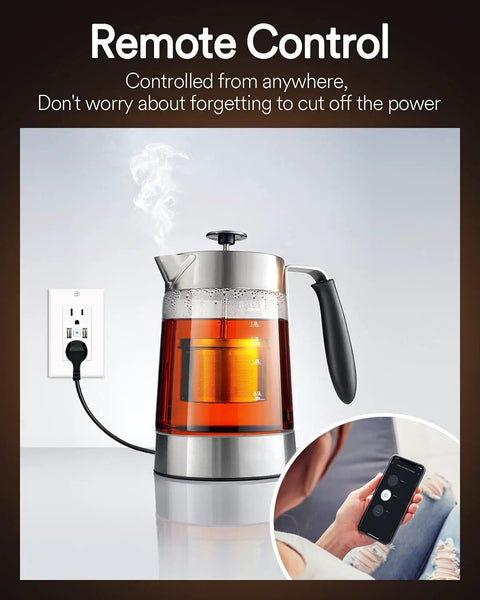 Smart In Wall USB Outlet With Voice Control For Alexa And Google Home, 15 Amp In Wall USB Power Socket shown with teapot