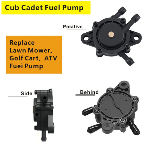 High Flow Fuel Pump Kit For Kohler Briggs Kawasaki Lawn Mower Tractor Golf Cart Replacement With Vacuum Filter, side and back views.