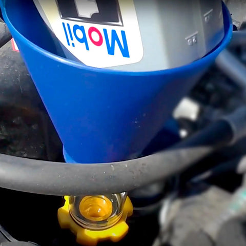 Spill Free Hands Free Engine Oil Funnel For Subaru Vehicles Easy Mess Free Oil Change With Threaded Cap Fit shown in use.