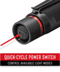 Close-up of the HX5 410 Lumen LED Flashlight with Pure Beam Focusing and Slide Focus showing quick-cycle power switch