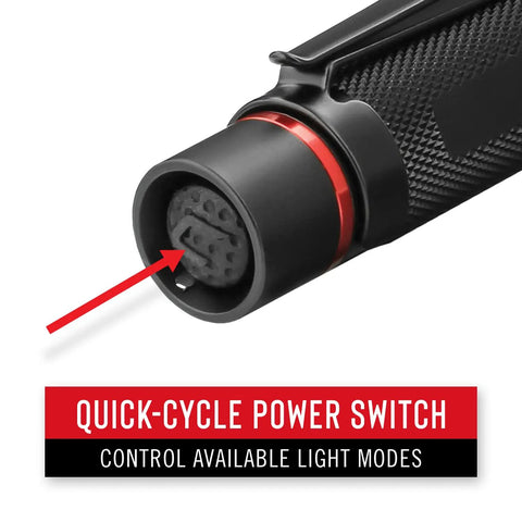 Close-up of the HX5 410 Lumen LED Flashlight with Pure Beam Focusing and Slide Focus showing quick-cycle power switch
