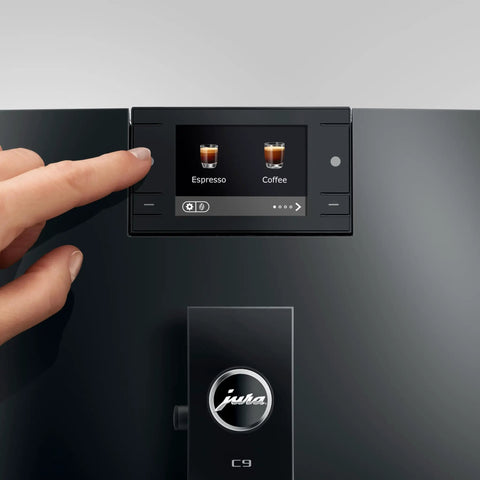 User interface of Top Tier Automatic Coffee Maker In Sleek Piano Black With One Touch Brewing for barista style drinks.