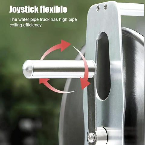 Heavy Duty Retractable Garden Hose Reel Kit With 130 Foot Flexible Tubing And Wall Or Ground Mount Brackets showing stainless steel manual crank handle.