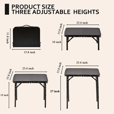 Foldable Picnic Table With Storage Net In Matte Black Aluminum Portable And Light For Camping Travel Or Indoor Use 23.6 By 15.8 Inches Three Height Settings Up To 27.5 Inches Fast Pack And Roll showing adjustable height options.