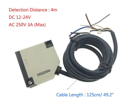 Retroreflective Photoelectric Beam Sensor Switch 12-24V DC, 4m Detection Range, 5-Wire DC, Relay Output AC 250V 3A shown with cables