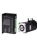 Front view of two-component NEMA 34 closed-loop motor kit with CLE34 servo drive and brake; drive unit beside motor.